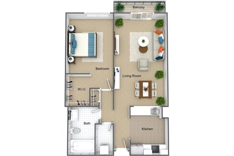 A floor plan of an apartment with a living room, kitchen, bathroom, and bedroom.